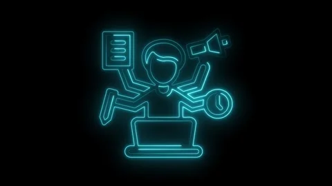 Neon style multitasking digital worker managing projects on laptop animation Stock Footage 309911328