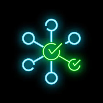 Neon style network validation icon glowing on black background 스톡 일러스트