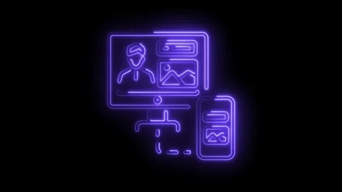 Neon style online conference computer and phone connection on black background Stock Footage 330775496