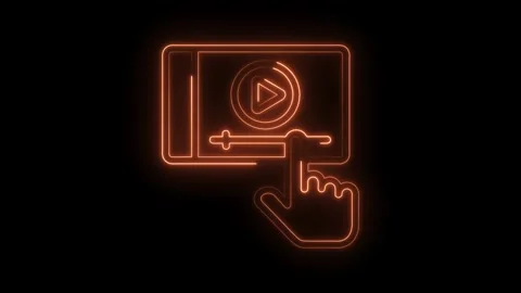 Neon style online video player with hand cursor on black background digital Stock Footage 322984600