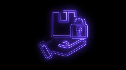 Neon style package delivery and security with hand and padlock on black Stock Footage 330777801