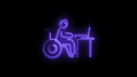 Neon style person in wheelchair using laptop at desk animation on black bac.. Stock Footage 345989883