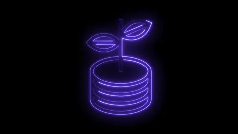 Neon style plant growing from stack of coins animation on black background Stock Footage 322984334