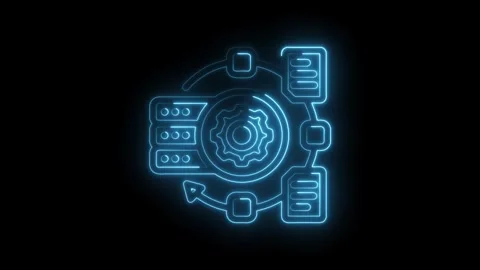 Neon style processing flow animation with gear,documents,and server connect.. Stock Footage 312307492