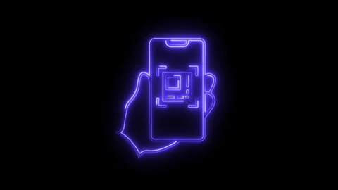 Neon style qr code scanning on mobile phone illustration isolated on black .. Stock Footage 308285978