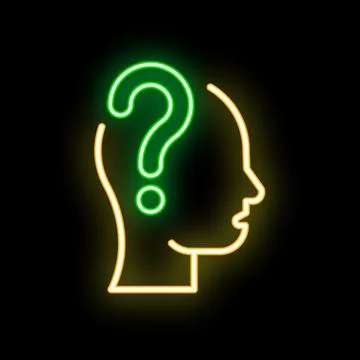 Neon style question mark glowing over human head profile silhouette Stock Illustration
