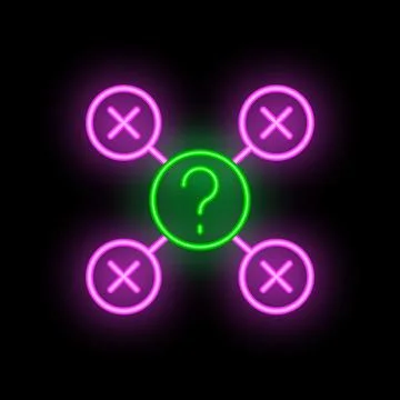 Neon style question mark surrounded by wrong answers in circles connected w.. Stock Illustration