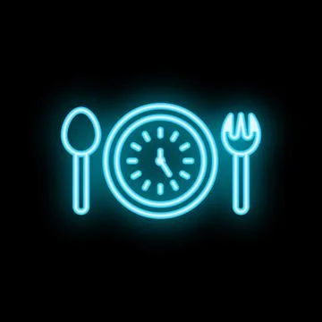Neon style reminder clock showing lunch time with fork and spoon Stock Illustration
