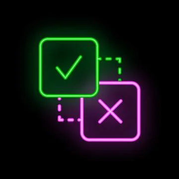 Neon style right and wrong checkmarks showing decision making process Stockillustratie
