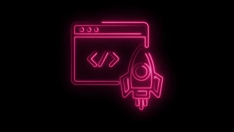 Neon style rocket launch and code development on black background for start.. Stock Footage 346003266