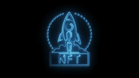 Neon style rocket launching with nft cryptocurrency text on black background Stock Footage 315958753