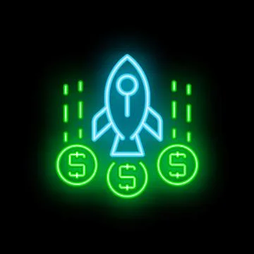 Neon style rocket ship launching over dollar coins symbolizing venture capi.. Ilustração Stock