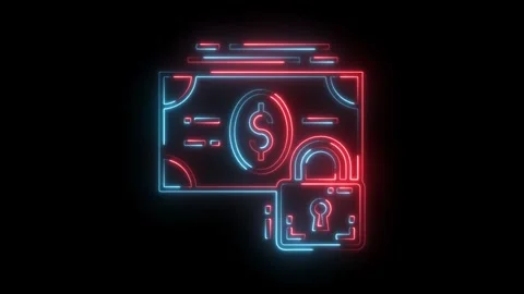 Neon style secure money concept dollar bill with padlock on black background Stock Footage 322990476