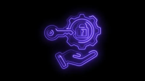 Neon style security control management illustration video showing gears,lock and Stock Footage 330785002