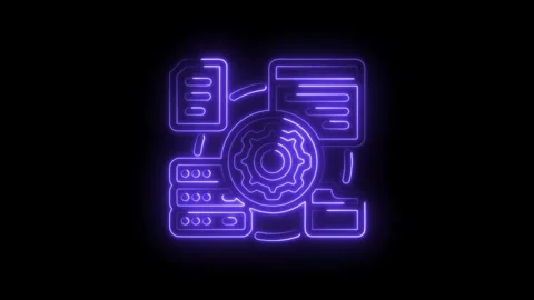 Neon style server data management with gear integration on black background.. Stockbeeldmateriaal 312309683