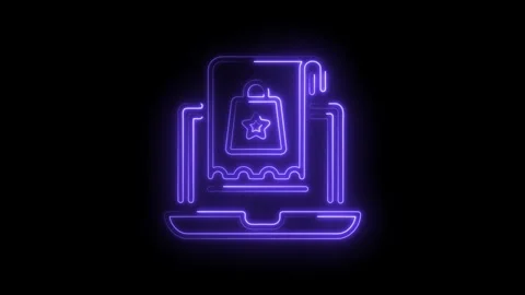 Neon style shopping bag on tablet screen for online sale concept animation Stock Footage 330775432