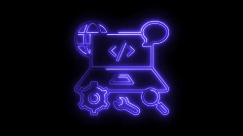 Neon style software development elements on laptop illustration for tech de.. Stock Footage 308997656
