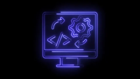Neon style software development process displaying on computer screen glowing in 스톡 동영상 322986899