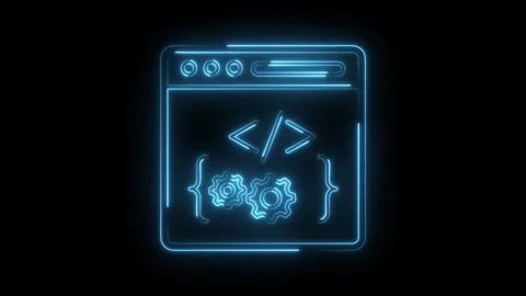 Neon style software development window with gears and programming code on black Stock Footage 322989525