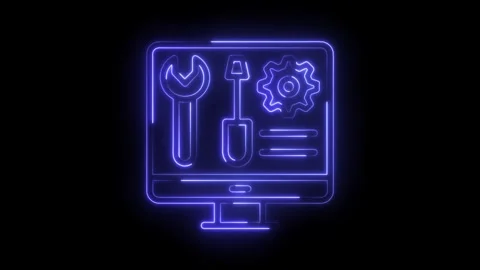 Neon style system maintenance on a computer screen animated icon on black Stock Footage 322986685