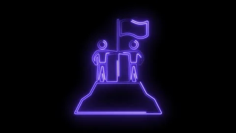 Neon style teamwork reaching a goal two people on a mountain with a flag Stock Footage 312331813