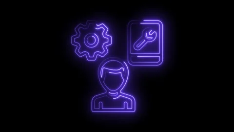 Neon style technical support team with cog and tool icon on black background Stock Footage 322961610