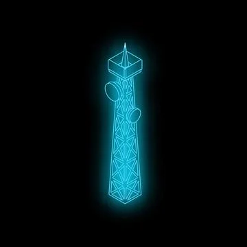 Neon style telecommunication tower glowing on black background Stock Illustration