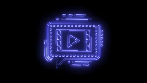 Neon style video chat bubble animation on black background glows blue play Stock Footage 322989824