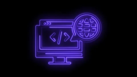 Neon style website development interface with globe icon animation on black.. Stock Footage 309910219