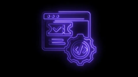 Neon style website development with ticket check mark and cog wheel isolated 스톡 동영상 330777209
