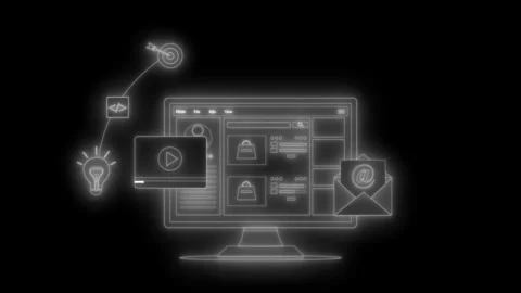 Neon-style wireframe animation of a computer monitor with web interface ele.. Stock Footage 334763742