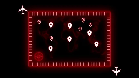 Neon-style world map location pins and airplane icons animation Stock Footage 334764437