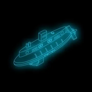 Neon submarine exploring deep ocean depths in wireframe style Stock Illustration
