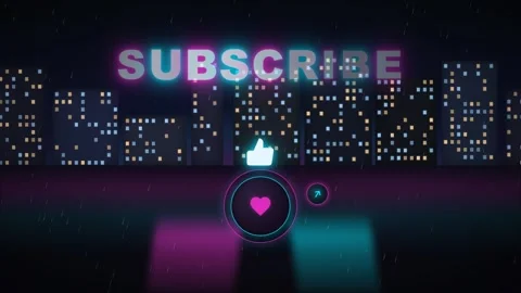 Neon Subscribe Button Animation with Glowing Heart and Like Icon on Digital Stock Footage 344773871