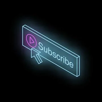 Neon subscribe button with play symbol and mouse cursor pointing on dark ba.. Stock Illustration