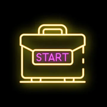 Neon suitcase glowing with start button on it Stock Illustration