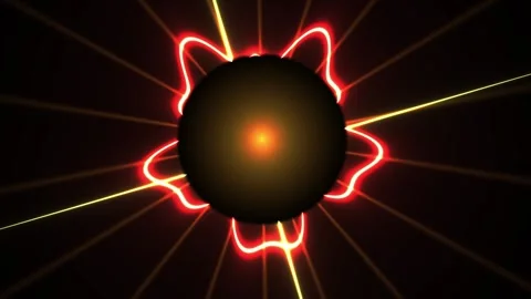 Neon sun with glowing red lines and yellow rays on black background. Stock Footage 335538335