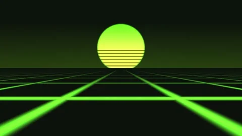 Neon sun rises over grid landscape with lines in the Stock Footage 338036923