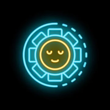 Neon sun shining with closed eyes and smiling mouth on black background Ilustração Stock