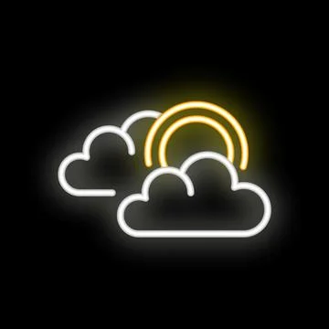Neon sun shining through clouds on black background Stock Illustration