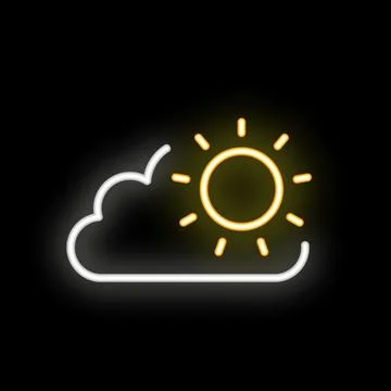 Neon sun shining through the clouds on black background Stock Illustration