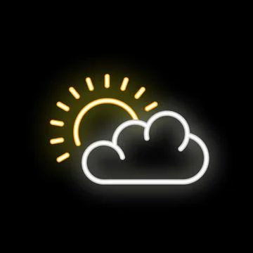 Neon sun shining through white clouds on black background Stock Illustration