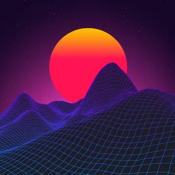 Neon sunset with grid mountains and starry sky in a retro futuristic landscape Stock Illustration