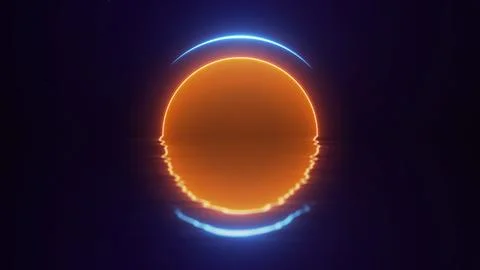 Neon sunset orb with blue arc reflection on dark water. Futuristic abstract.. Stock Illustration