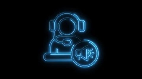 Neon support agent with megaphone icon customer service assistance blue outli Stock Footage 312316210