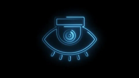 Neon surveillance camera eye icon security system on black background animation Stock Footage 330785071