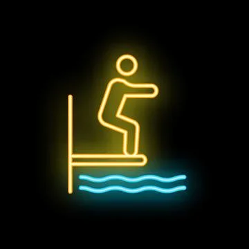 Neon swimmer preparing to jump from diving board into water Stock Illustration