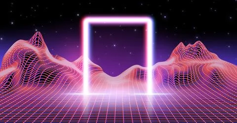Neon synthwave background with arch and retro grid Stock Illustration