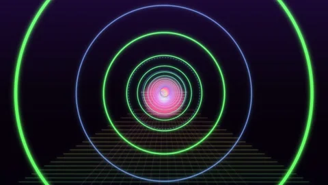 Neon synthwave tunnel with glowing circles and retro grid floor Stock Footage 336353333