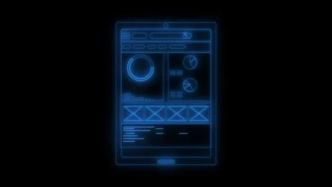 Neon tablet dashboard wireframe animation on black background Video stock 329116961